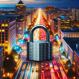 A bustling cityscape of Alexandria, Virginia with vibrant lights and rushing cars, featuring a massive, glossy metal lock symbolizing unbreachable security.