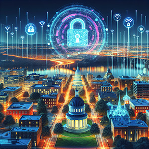 A digital illustration of a cityscape with a focus on secure internet connectivity and encryption.