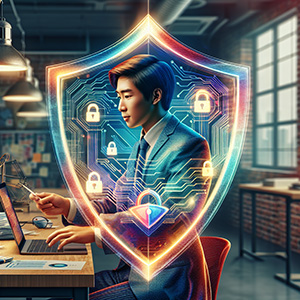A person of East Asian descent working on a laptop with a shield symbol in the background.